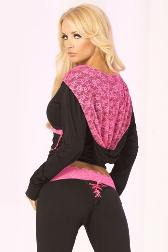 Pink Lipstick Lace Trim Cropped Hoodie  szabadidő ruha  felső       